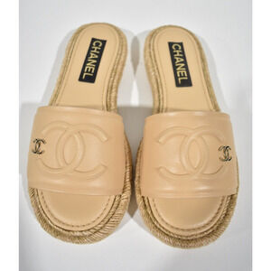 Chanel 23C Beige Lambskin Leather CC Logo Slide Sandal Slip Espadrille Flat 38